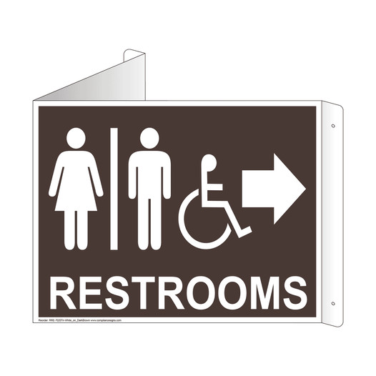 Dark Brown Triangle-Mount Accessible RESTROOMS (With Inward Arrow) Sign With Symbol RRE-7020Tri-White_on_DarkBrown