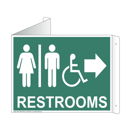 Pine Green Triangle-Mount Accessible RESTROOMS (With Inward Arrow) Sign With Symbol