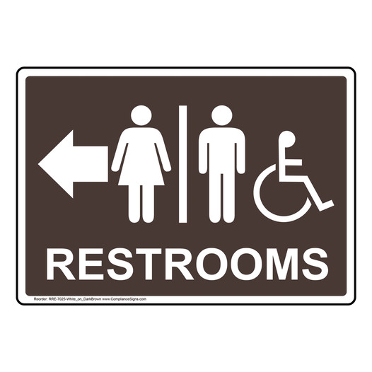 Dark Brown Accessible RESTROOMS Left Sign With Symbol RRE-7025-White_on_DarkBrown