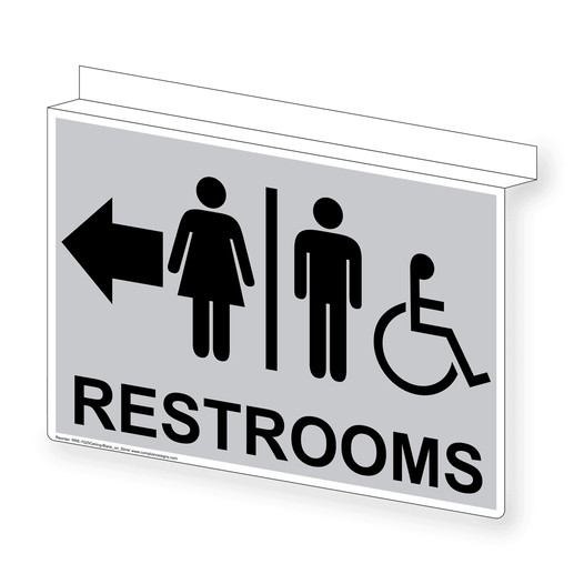 Silver Ceiling-Mount Accessible RESTROOMS Left Sign With Symbol RRE-7025Ceiling-Black_on_Silver