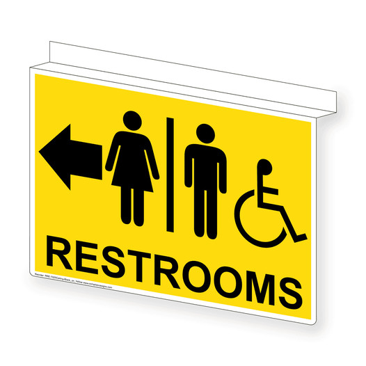 Yellow Ceiling-Mount Accessible RESTROOMS Left Sign With Symbol RRE-7025Ceiling-Black_on_Yellow