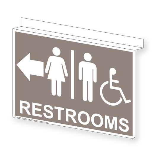 Taupe Ceiling-Mount Accessible RESTROOMS Left Sign With Symbol RRE-7025Ceiling-White_on_Taupe