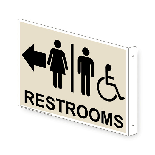 Projection-Mount Almond Accesible RESTROOMS (With Outward Arrow) Sign With Symbol RRE-7025Proj-Black_on_Almond
