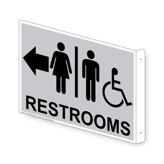 Projection-Mount Silver Accesible RESTROOMS (With Outward Arrow) Sign With Symbol RRE-7025Proj-Black_on_Silver