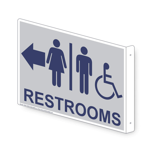 Projection-Mount Silver Accesible RESTROOMS (With Outward Arrow) Sign With Symbol RRE-7025Proj-MarineBlue_on_Silver
