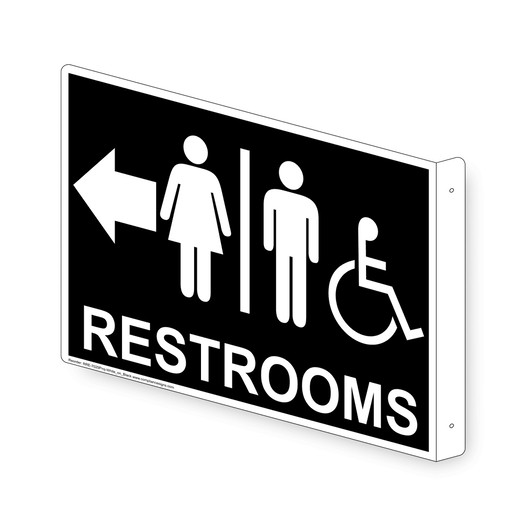 Projection-Mount Black Accessible RESTROOMS (With Outward Arrow) Sign With Symbol