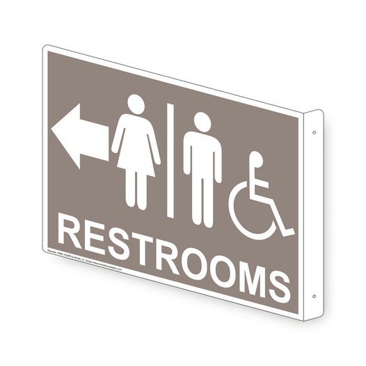 Projection-Mount Taupe Accesible RESTROOMS (With Outward Arrow) Sign With Symbol RRE-7025Proj-White_on_Taupe