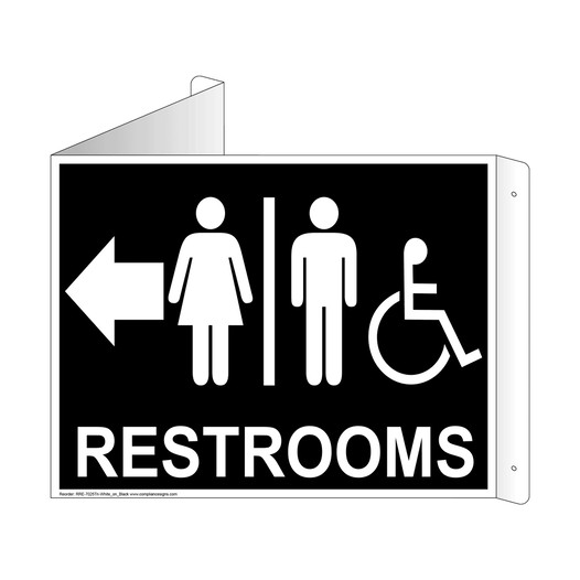 Black Triangle-Mount Accessible RESTROOMS (With Outward Arrow) Sign With Symbol RRE-7025Tri-White_on_Black