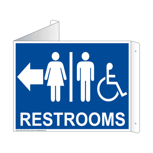 Blue Triangle-Mount Accessible RESTROOMS (With Outward Arrow) Sign With Symbol RRE-7025Tri-White_on_Blue