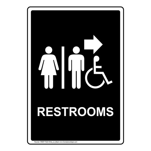 Portrait Black Accessible RESTROOMS Right Sign With Symbol RREP-7020-White_on_Black