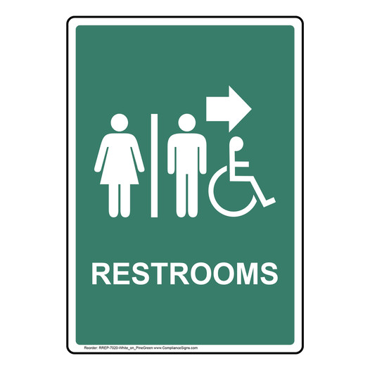 Portrait Pine Green Accessible RESTROOMS Right Sign With Symbol RREP-7020-White_on_PineGreen