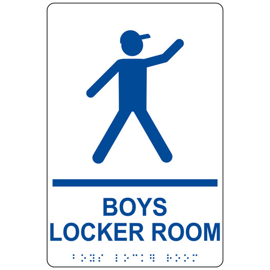 White ADA Braille BOYS LOCKER ROOM Sign RRE-14773_Blue_on_White