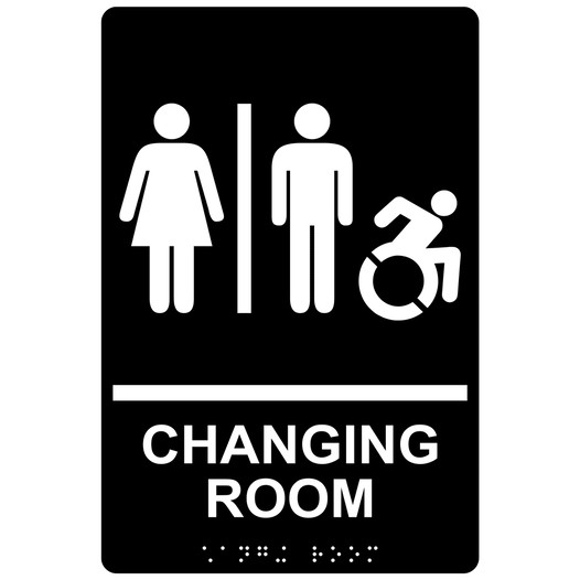 Black Braille CHANGING ROOM Sign with Dynamic Accessibility Symbol RRE-14775R_White_on_Black