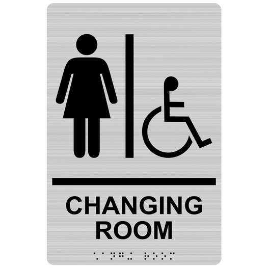 Brushed Silver ADA Braille Accessible Women's CHANGING ROOM Sign with Symbol RRE-14777_Black_on_BrushedSilver