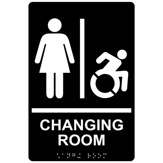 Black Braille CHANGING ROOM Sign with Dynamic Accessibility Symbol RRE-14777R_White_on_Black