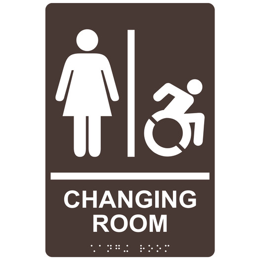 Dark Brown Braille CHANGING ROOM Sign with Dynamic Accessibility Symbol RRE-14777R_White_on_DarkBrown