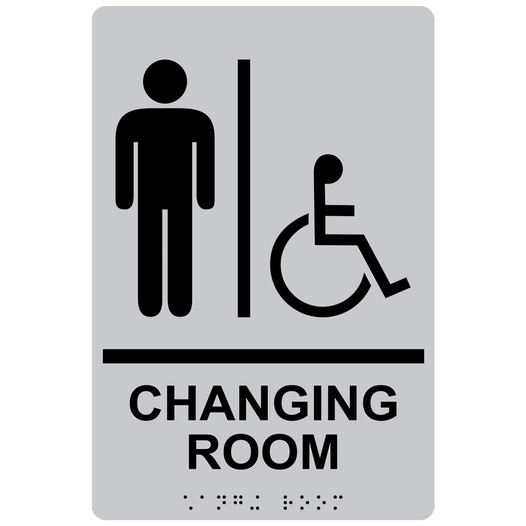 Silver ADA Braille Accessible Men's CHANGING ROOM Sign with Symbol RRE-14779_Black_on_Silver