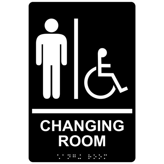 Black ADA Braille Accessible Men's CHANGING ROOM Sign with Symbol RRE-14779_White_on_Black