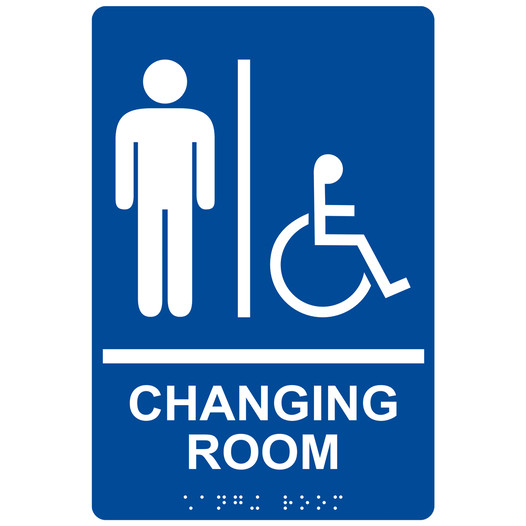 Blue ADA Braille Accessible Men's CHANGING ROOM Sign with Symbol RRE-14779_White_on_Blue