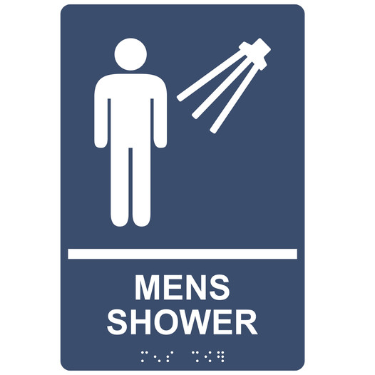 Navy ADA Braille MENS SHOWER Sign with Symbol RRE-14808_White_on_Navy