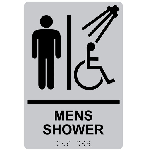 Silver ADA Braille Accessible MENS SHOWER Sign with Symbol RRE-14809_Black_on_Silver