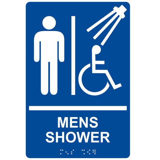 Blue ADA Braille Accessible MENS SHOWER Sign with Symbol RRE-14809_White_on_Blue