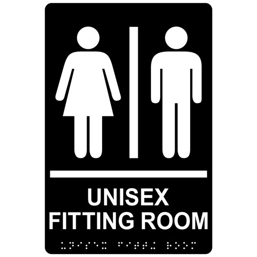 Black ADA Braille UNISEX FITTING ROOM Sign with Symbol RRE-14843_White_on_Black