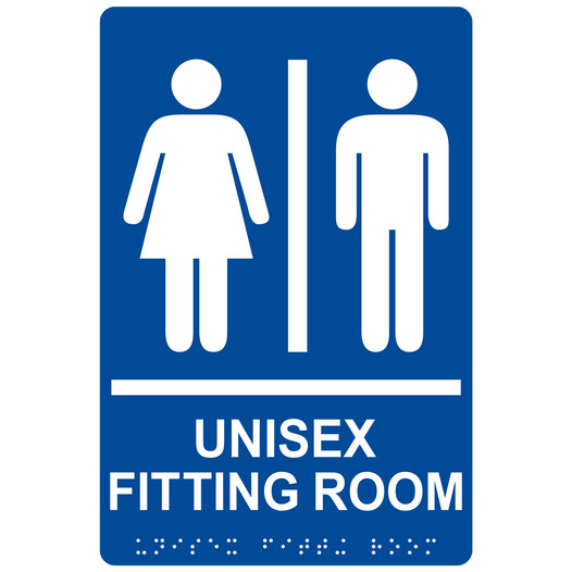 Blue ADA Braille UNISEX FITTING ROOM Sign with Symbol RRE-14843_White_on_Blue