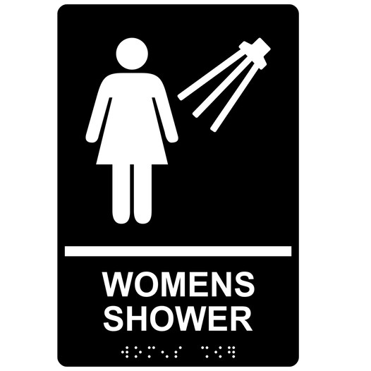 Black ADA Braille WOMENS SHOWER Sign with Symbol RRE-14859_White_on_Black