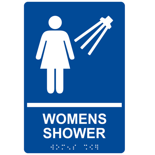 Blue ADA Braille WOMENS SHOWER Sign with Symbol RRE-14859_White_on_Blue