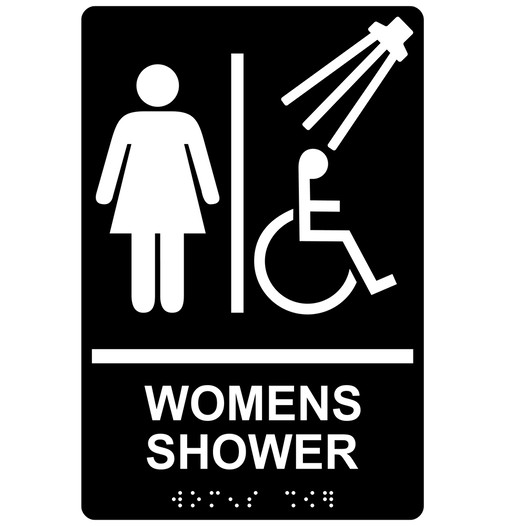 Black ADA Braille Accessible WOMENS SHOWER Sign with Symbol RRE-14860_White_on_Black