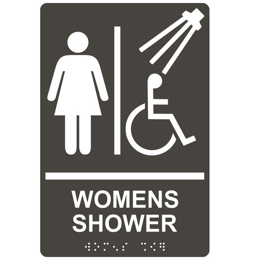 Charcoal Gray ADA Braille Accessible WOMENS SHOWER Sign with Symbol RRE-14860_White_on_CharcoalGray