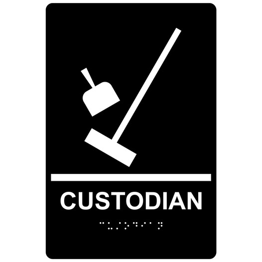 Black ADA Braille CUSTODIAN Sign with Symbol RRE-16805_White_on_Black