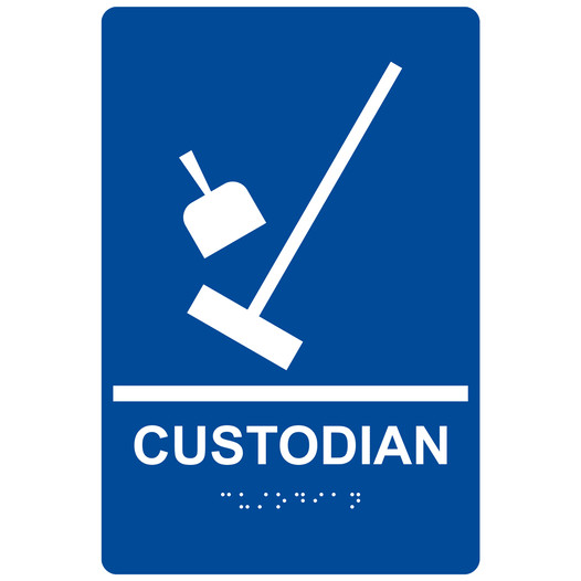 Blue ADA Braille CUSTODIAN Sign with Symbol RRE-16805_White_on_Blue