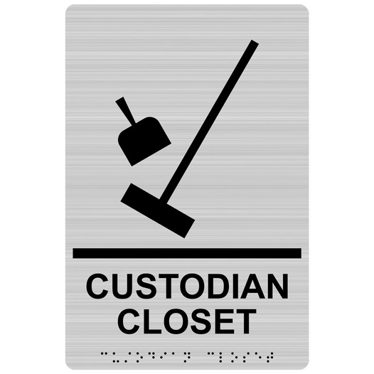 Brushed Silver ADA Braille CUSTODIAN CLOSET Sign with Symbol RRE-16806_Black_on_BrushedSilver
