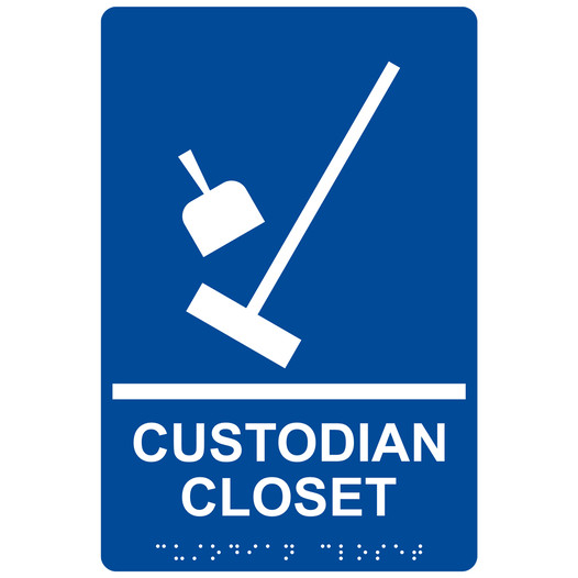 Blue ADA Braille CUSTODIAN CLOSET Sign with Symbol RRE-16806_White_on_Blue