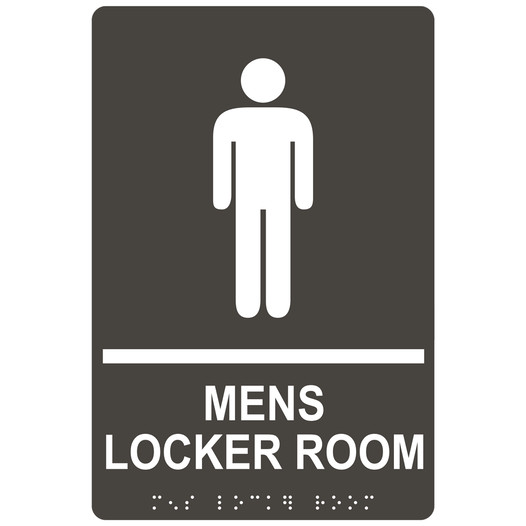 Charcoal Gray ADA Braille MENS LOCKER ROOM Sign with Symbol RRE-690_White_on_CharcoalGray