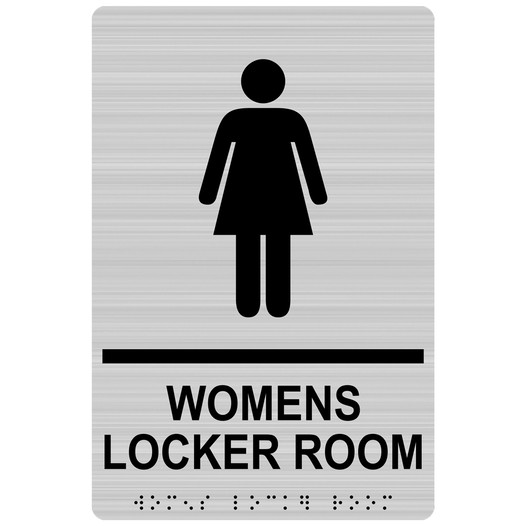 Brushed Silver ADA Braille WOMENS LOCKER ROOM Sign with Symbol RRE-695_Black_on_BrushedSilver