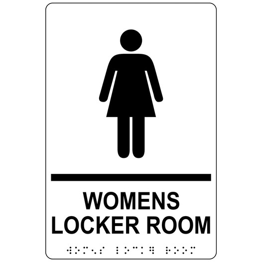 White ADA Braille WOMENS LOCKER ROOM Sign with Symbol RRE-695_Black_on_White