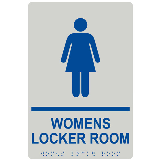 Pearl Gray ADA Braille WOMENS LOCKER ROOM Sign with Symbol RRE-695_Blue_on_PearlGray
