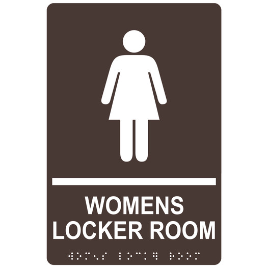 Dark Brown ADA Braille WOMENS LOCKER ROOM Sign with Symbol RRE-695_White_on_DarkBrown