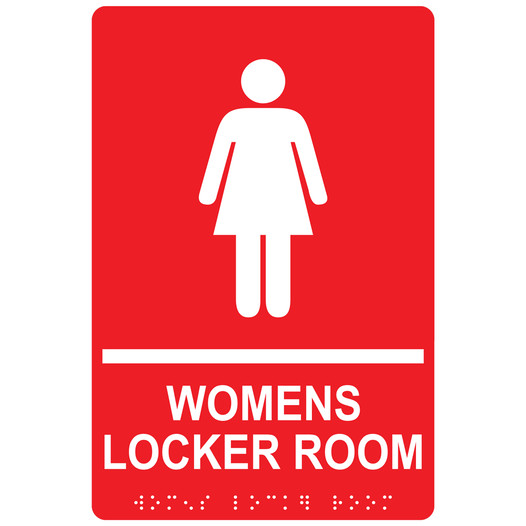 Red ADA Braille WOMENS LOCKER ROOM Sign with Symbol RRE-695_White_on_Red