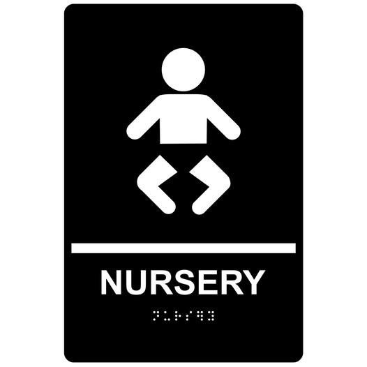 Black ADA Braille NURSERY Sign with Symbol RRE-800_White_on_Black