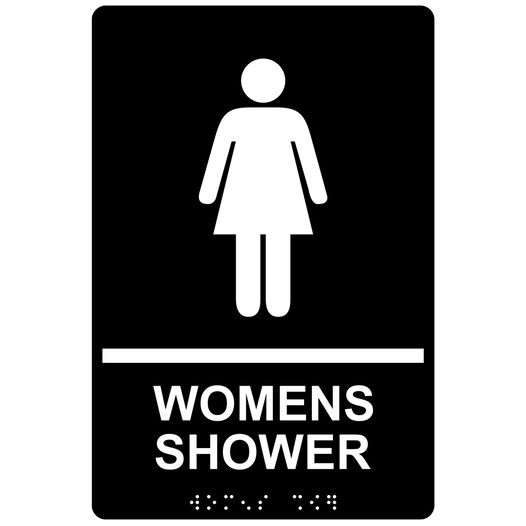 Black ADA Braille WOMENS SHOWER Sign with Symbol RRE-825_White_on_Black