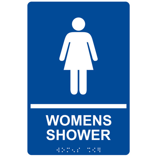 Blue ADA Braille WOMENS SHOWER Sign with Symbol RRE-825_White_on_Blue