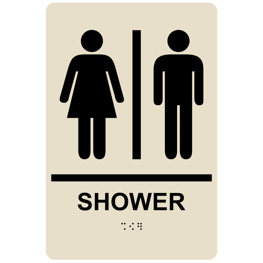 Almond ADA Braille Unisex SHOWER Sign with Symbol RRE-830_Black_on_Almond