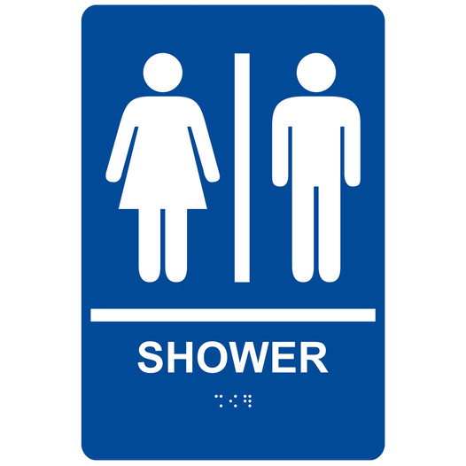 Blue ADA Braille Unisex SHOWER Sign with Symbol RRE-830_White_on_Blue