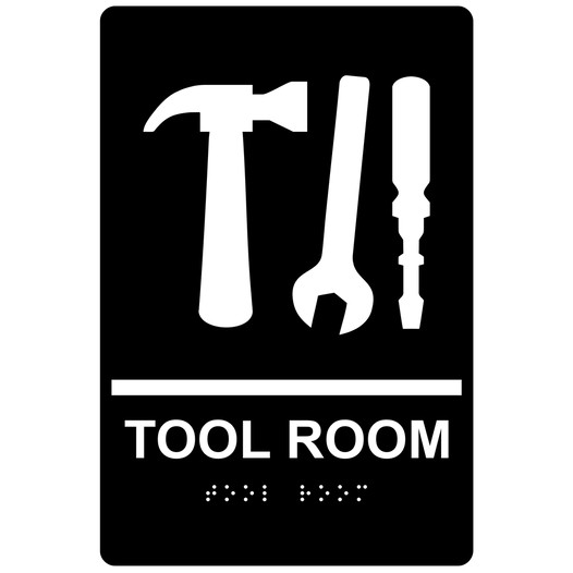 Black ADA Braille TOOL ROOM Sign with Symbol RRE-865_White_on_Black