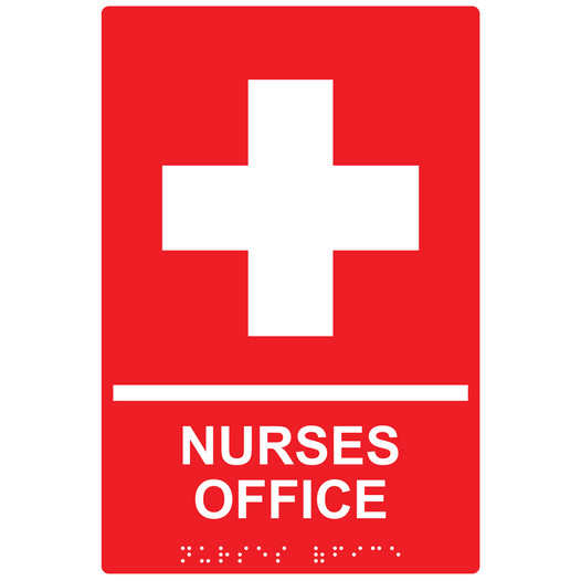 Red ADA Braille NURSE OFFICE Sign with Symbol RRE-885_White_on_Red