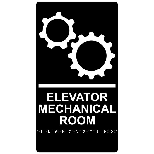 Black ADA Braille ELEVATOR MECHANICAL ROOM Sign with Symbol RRE-935_White_on_Black